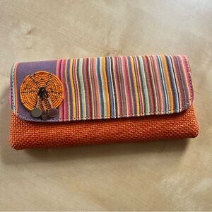 African Vibrant Orange Woven Fold-Over Women's Wallet with Multi-Stripe Flap